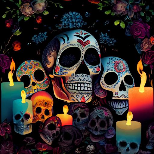 abstract day of the Dead, Cemetary with candles and sugar skulls --test --creative