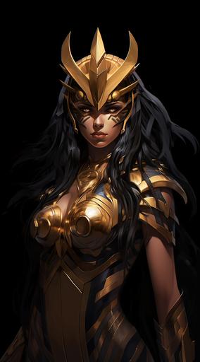 abstract, female pharaoh as a character from Naruto Shippuden, anime style, dark background, golden streaks, highly detailed, artistic, 4k --ar 5:9