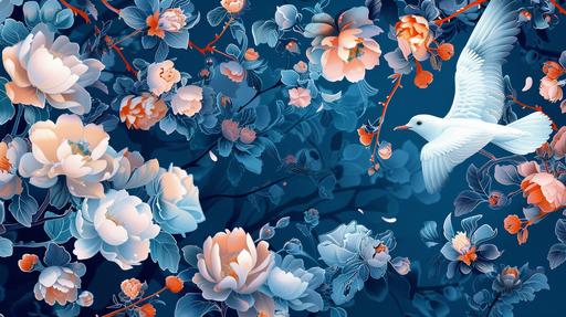 abstract, flowers, florals blooming, big flowers, stunning, highly detailed, subtle, classy, luxury, magical realm effect, enchanting, great gatsby style, illustration, beauty of contrast color pairing, hidden hint of Shanghai, the bund, abstract seagull element, east meets west, --ar 16:9 --v 6.0