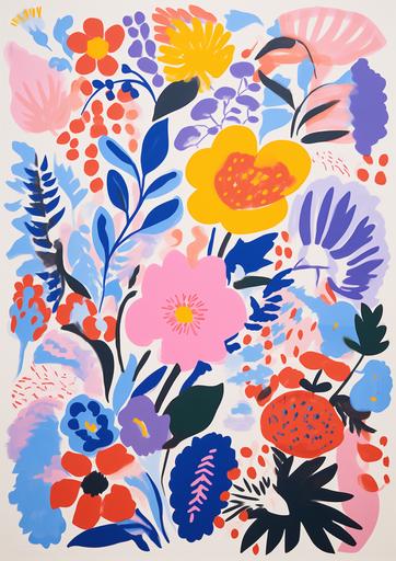 abstract flowers matisse colors risographed print grainy high detail cool composition --ar 357:500