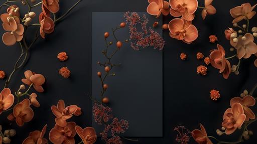 abstract, full bloom, floral elements, minimalist dinner menu design, tri-fold panels, sleek and slim art card, clean slate, intricate, stunning, highly detailed, subtle, classy, luxury, beauty of contrast color pairing, east meets west, juxtaposition, clean background, on a fine dining table, photo realism, hyper realism, --ar 16:9 --v 6.0