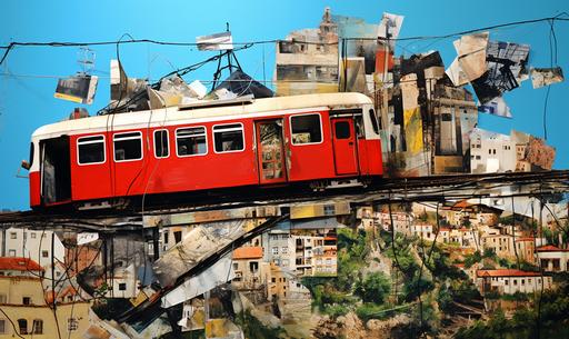 abstract funicular, multimedia collage, stickers, magazine cutouts, paper mache, tar, catenary --ar 5:3
