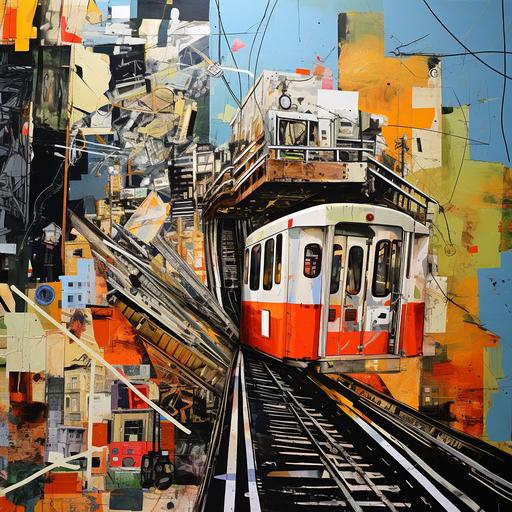 abstract funicular, multimedia collage, stickers, magazine cutouts, paper mache, tar, gantry