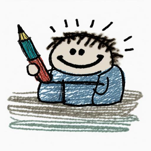 abstract funny happy writer, logo, colored charcoal, sketch, child drawing, simplified, monochrome, no background --v 4