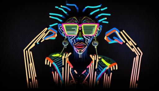 abstract future tribal Funky Muscian, full body Male character in the style of african masks, neon electro Sax, studio lighting, Japanese graffiti, big neon signs Tokyo back street background, photo-realistic abstract colourful, intricate costume details, photo-realistic--v 6 --ar 16:9 --v 4