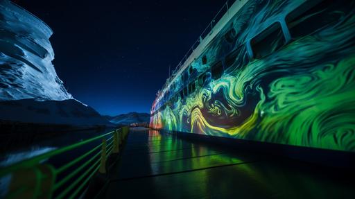 abstract graffitti on grand ships through indigo seas and aurora borealis --ar 16:9 --v 5