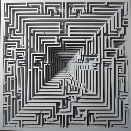 abstract, grayscale geometric pattern that resembles a maze or labyrinth. The design features a series of concentric, irregular rectangular shapes that create a path-like appearance, with varying widths and spatial relationships between them. The pattern has a three-dimensional quality, giving the illusion of depth, as if the walls of the maze are raised. The central part of the pattern forms a shape that could be interpreted as a stylized, angular 