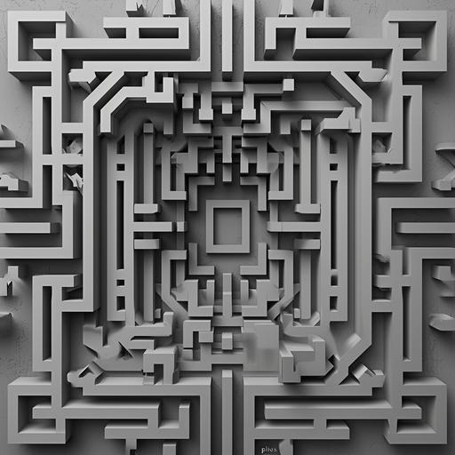 abstract, grayscale geometric pattern that resembles a maze or labyrinth. The design features a series of concentric, irregular rectangular shapes that create a path-like appearance, with varying widths and spatial relationships between them. The pattern has a three-dimensional quality, giving the illusion of depth, as if the walls of the maze are raised. The central part of the pattern forms a shape that could be interpreted as a stylized, angular 