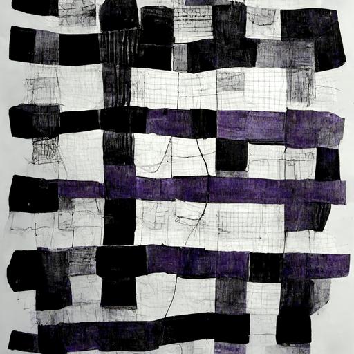 abstract heavy black ink and thread, grid of rectangles, purple and white, style of agnes martin