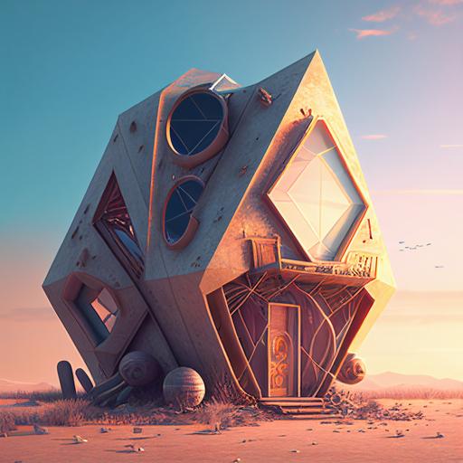 abstract house from different materials, futuristic, ultra realism, high quality, 4k, desktop wallpaper, enchanting background, ultra detail, 3d, artstation, raytracing --q 2