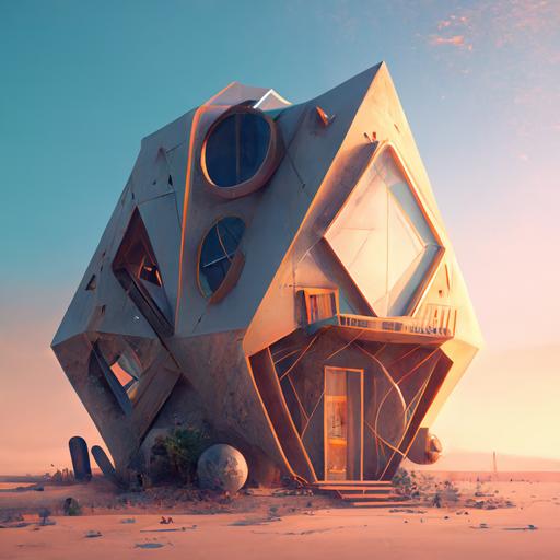 abstract house from different materials, futuristic, ultra realism, high quality, 4k, desktop wallpaper, enchanting background, ultra detail, 3d, artstation, raytracing --q 2