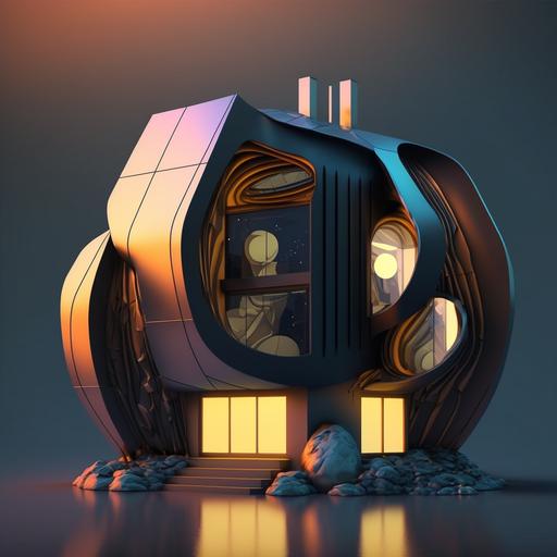 abstract house from different materials, futuristic, ultra realism, high quality, 4k, desktop wallpaper, enchanting background, ultra detail, 3d, artstation, raytracing --q 2