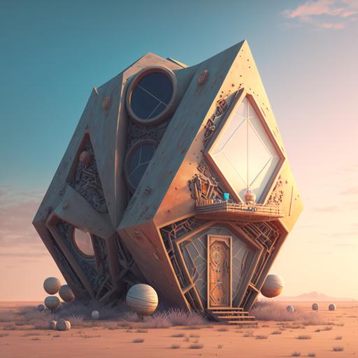 abstract house from different materials, futuristic, ultra realism, high quality, 4k, desktop wallpaper, enchanting background, ultra detail, 3d, artstation, raytracing --q 2