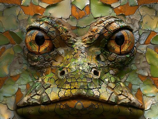 abstract image of an old frog knight's face emerging from the desert, in the style of Ivan Kupala and Amedeo Modigliani, very detailed, fractal patterns in topography, rich colors, green yellow brown black white palette, mosaic texture --ar 4:3 --s 200