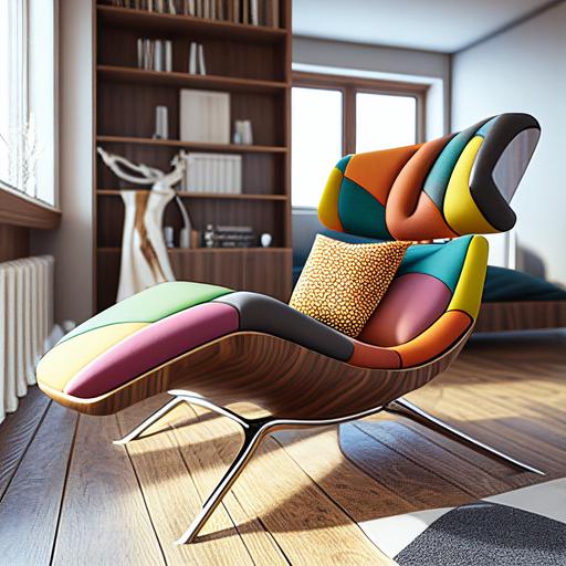 abstract mid century modern chaise lounge chair made of walnut, chrome, and mid century modern fabric, modern, detailed, hyper-realistic, beautiful, Marcel Bruer, Unreal Engine 5, dynamic --s 750