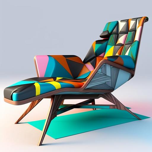 abstract mid century modern chaise lounge chair made of walnut, steel, and mid century modern fabric, modern, detailed, hyper-realistic, beautiful, Christian Lacroix, Unreal Engine 5, dynamic --s 750