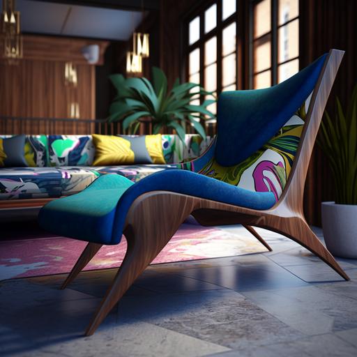 abstract mid century modern chaise lounge chair made of walnut, steel, and mid century modern fabric, modern, detailed, hyper-realistic, beautiful, Christian Lacroix, Unreal Engine 5, dynamic --s 750