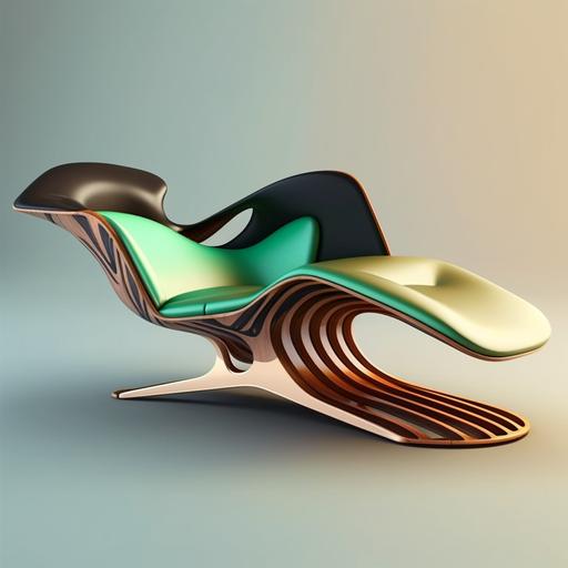 abstract mid century modern chaise lounge chair made of walnut, metal, and mid century modern fabric, modern, detailed, hyper-realistic, beautiful, Zaha Hadid, Unreal Engine 5, dynamic --s 750