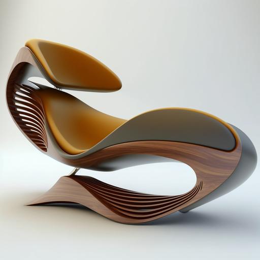 abstract mid century modern chaise lounge chair made of walnut, metal, and mid century modern fabric, modern, detailed, hyper-realistic, beautiful, Zaha Hadid, Unreal Engine 5, dynamic --s 750