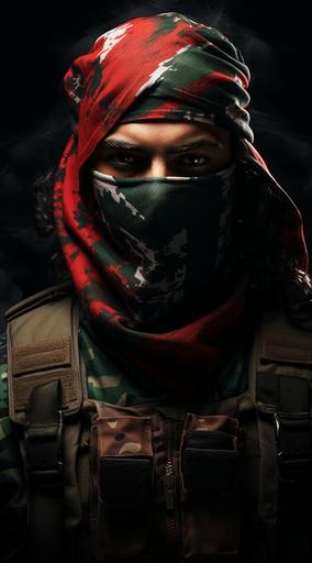 abstract, middle eastern soldier wearing a green camo and a red and white keffiyeh as a face mask, anime style, dark background, 4k --ar 5:9