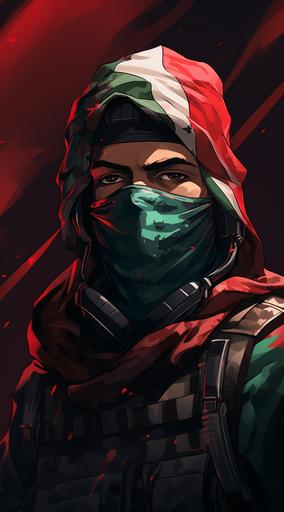 abstract, middle eastern soldier wearing a green camo and a red and white keffiyeh as a face mask, anime style, dark background, 4k --ar 5:9