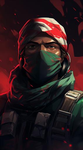 abstract, middle eastern soldier wearing a green camo and a red and white keffiyeh as a face mask, anime style, dark background, 4k --ar 5:9