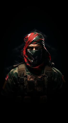 abstract, middle eastern soldier wearing a green camo and a red and white keffiyeh as a face mask, anime style, dark background, 4k --ar 5:9