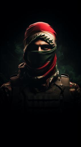 abstract, middle eastern soldier wearing a green camo and a red and white keffiyeh as a face mask, anime style, dark background, 4k --ar 5:9