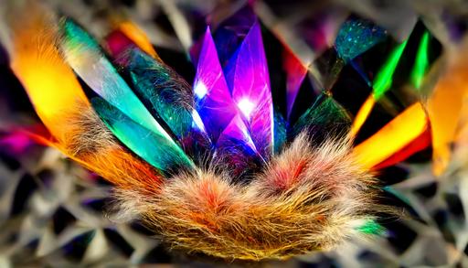 abstract of diamonds feather and fur fiber optics show lamp dim lights effect on fur edge cinematic effects high defination realistic octane colourful lively surreal art mandala art effect on fur eddes --ar 16:9