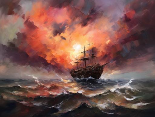 abstract painting of a storm with a troubled ship into the sunset --ar 4:3 --q 0.5 --v 5 --s 50