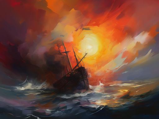 abstract painting of a storm with a troubled ship into the sunset --ar 4:3 --q 0.5 --v 5 --s 50