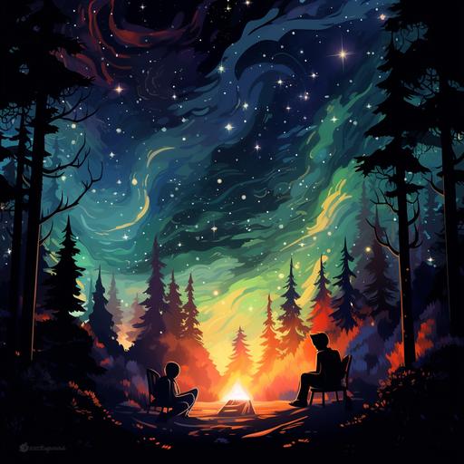 abstract, people sleeping in a forest close to a campfire, sky full of blinding stars, peaceful, background cosmos