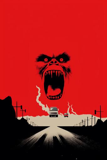abstract polish poster, surreal minimalism, depicting a red semi truck agressively charging down the road to run over a dumb smelly gorilla, funny, parody, stupid --ar 2:3 --style raw --v 5.2