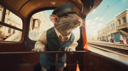 abstract, rat driving a train, photorealism, hyper realism, rat wearing an old fashioned train engineer outfit on a sunny day in a big city, cineamtic, natural light, 8k, --ar 16:9