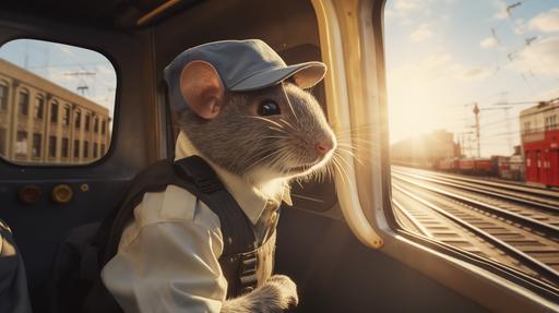 abstract, rat driving a train, photorealism, hyper realism, rat wearing an old fashioned train engineer outfit on a sunny day in a big city, cineamtic, natural light, 8k, --ar 16:9
