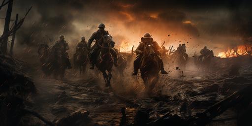 abstract, soldiers on horseback in a firece WWI battle, no mans land, trenches, deep mud, barbed wire, guns, mortars, dark cinematic lighting , wide low angle, wounded soldiers, dramatic, real engine, hyper detail, --ar 2:1