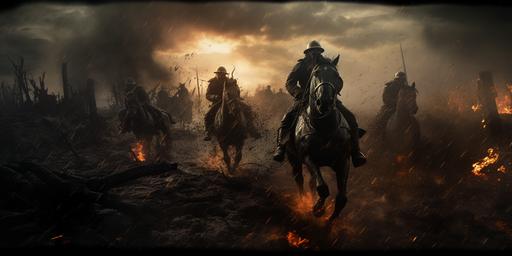abstract, soldiers on horseback in a firece WWI battle, no mans land, trenches, deep mud, barbed wire, guns, mortars, dark cinematic lighting , wide low angle, wounded soldiers, dramatic, real engine, hyper detail, --ar 2:1