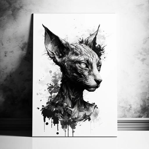 abstract sphynx cat character, painting black and white v 4