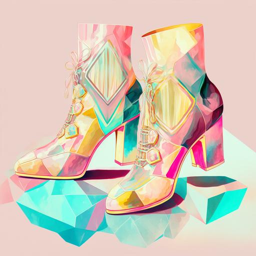 abstract surrealism, hexpixie, fashion design, platform shoes, holographic overcoat, pink aqua yellow diamonds --v 4