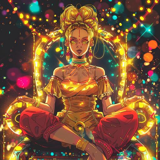abstract symmetrical representation of Aphrodite member of the twelve Olympians, cosmic Greek mythology goddess, golden and red tunic, neon makeup, hair tied in knots, golden exotic jewelry, sitting on a throne made of colorful lights, starry night background, illustration style