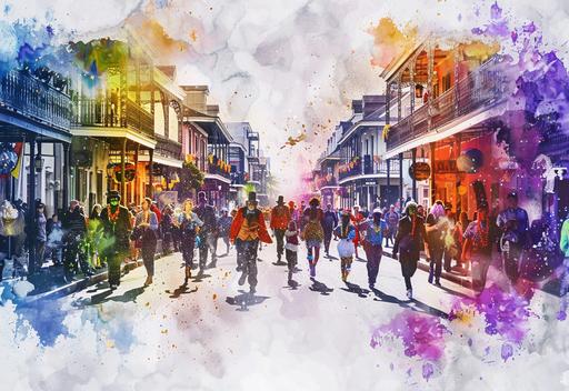 abstract symmetrical representation of Mardis Gras in the French Quarter, colorful dancers in the streets and celebrating the festival, New Orleans in the 1930s, 4k, Japanese watercolor, --v 6.0 --ar 16:11