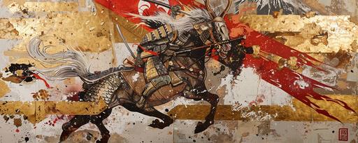 abstract symmetrical representation of a japanese knight in a horse with a battle flag with a gold leaf print of a loong dragon in a battle flag, mount fuji background --ar 5:2 --v 6.0