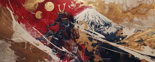 abstract symmetrical representation of a japanese knight in a horse with a battle flag with a gold leaf print of a loong dragon in a battle flag, mount fuji background --ar 5:2 --v 6.0