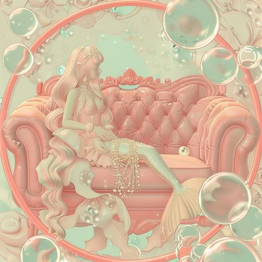 abstract symmetrical representation of a mermaid sitting on a pink couch with bubbles, in the style of light beige and aquamarine, symmetrical asymmetry, manga-inspired, gemstone, toyen, tinycore, light pink and red --v 6.0