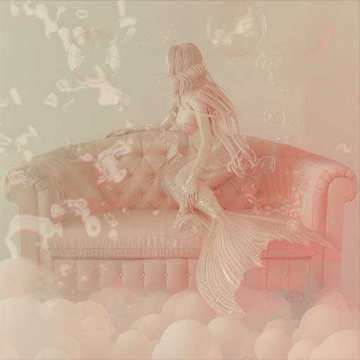 abstract symmetrical representation of a mermaid sitting on a pink couch with bubbles, in the style of light beige and aquamarine, symmetrical asymmetry, manga-inspired, gemstone, toyen, tinycore, light pink and red --v 6.0