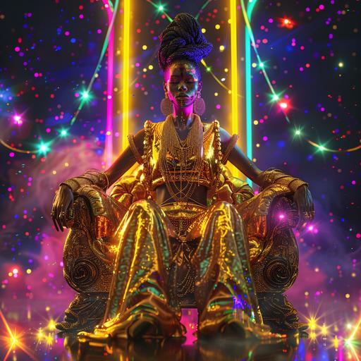 abstract symmetrical representation of black woman, cosmic goddess, golden tunic, neon makeup, hair tied in knots, golden exotic jewelry, sitting on a throne made of colorful lights, starry night background, scy-fi style