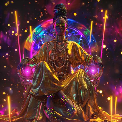 abstract symmetrical representation of black woman, cosmic goddess, golden tunic, neon makeup, hair tied in knots, golden exotic jewelry, sitting on a throne made of colorful lights, starry night background, scy-fi style
