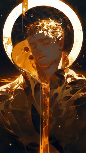 abstract symmetrical representation of handsome man, god of beer, sun beams, art by Austin Briggs, Charlie Bowater, Atey Ghailan, --ar 9:16 --niji 6