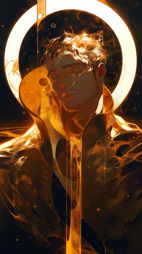 abstract symmetrical representation of handsome man, god of beer, sun beams, art by Austin Briggs, Charlie Bowater, Atey Ghailan, --ar 9:16 --niji 6