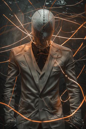 abstract symmetrical representation of maximalist character design, evil cenobite, skin colored suit, hooks in skin pulling it like a rubber band in all directions, cinematic dramatic lighting --ar 2:3 --v 6.0